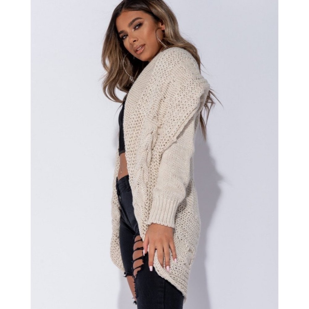 Chunky Cable Knitted Shawl Collar Cardigan Sweater - Picture 2 of 10